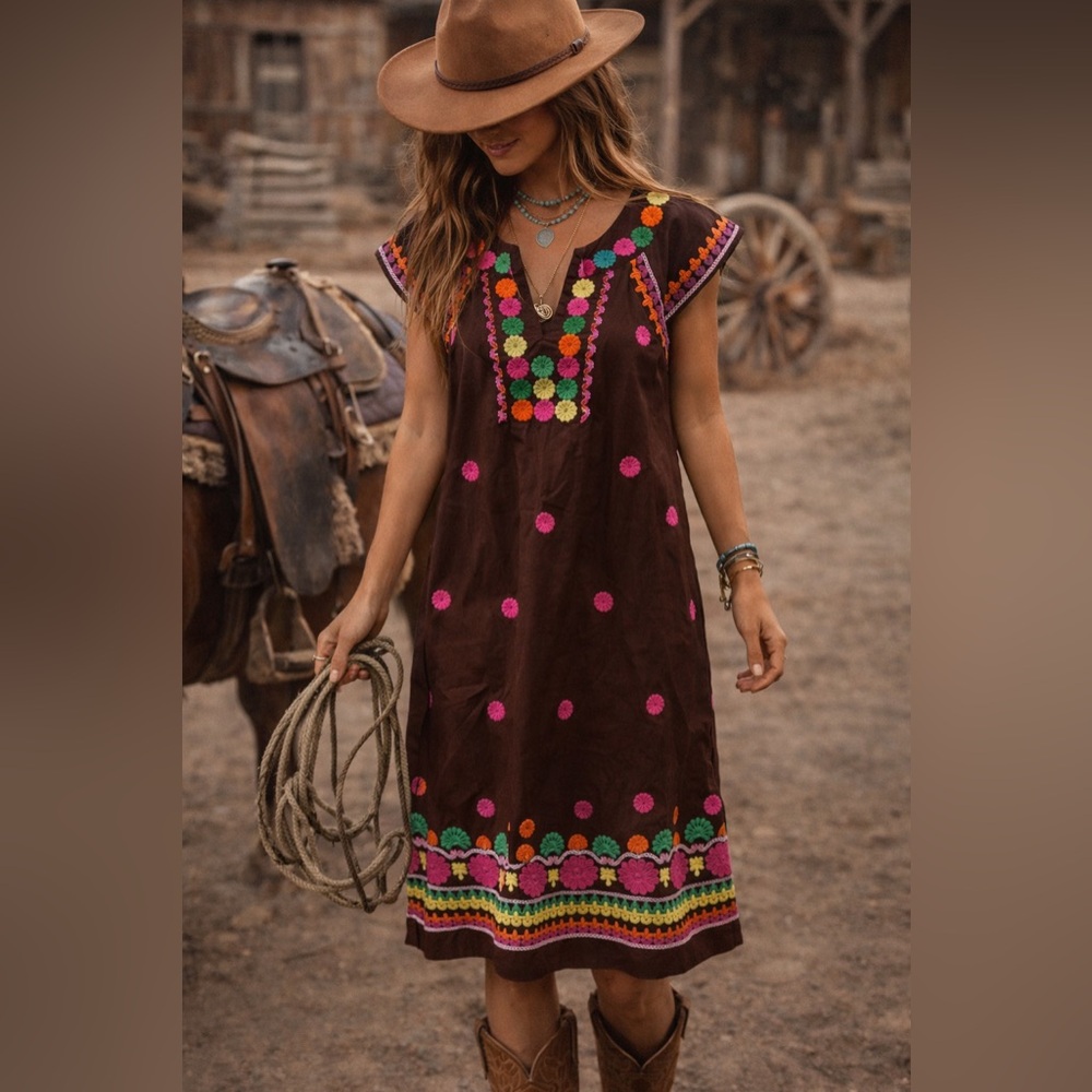 Ivy Jane Maxi brown embroidered multicolor dress boho size small